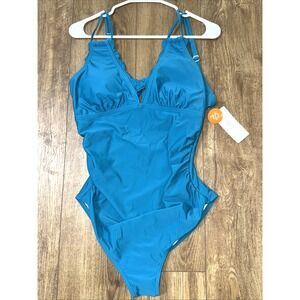 CHARMO Women's One Piece Swimsuit V Neck Hi Cut Padded Teal UPF 50+ L